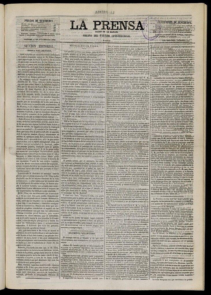 Miniatura de La Prensa : diario de la mañana : político, literario y de noticias del 11 de octubre de 1872, nº 470