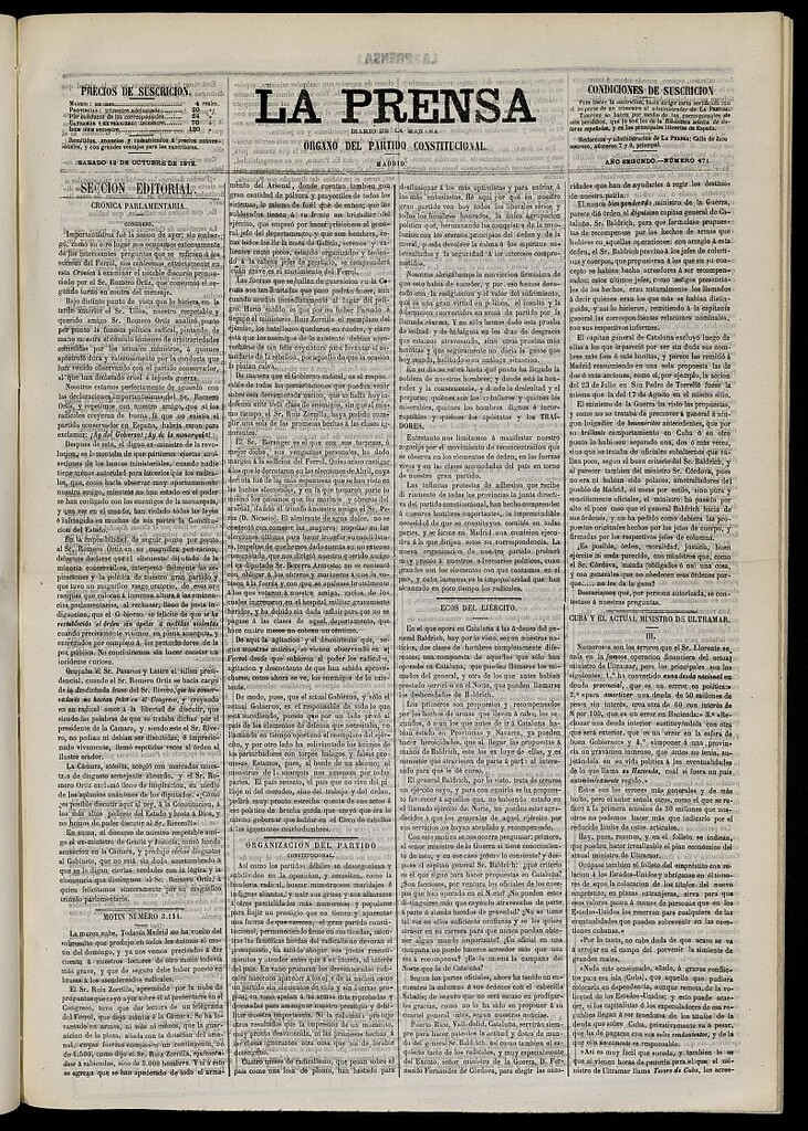 Miniatura de La Prensa : diario de la mañana : político, literario y de noticias del 12 de octubre de 1872, nº 471