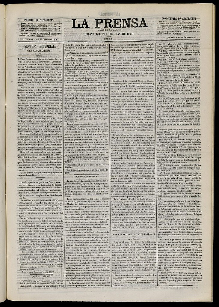 Miniatura de La Prensa : diario de la mañana : político, literario y de noticias del 13 de octubre de 1872, nº 472