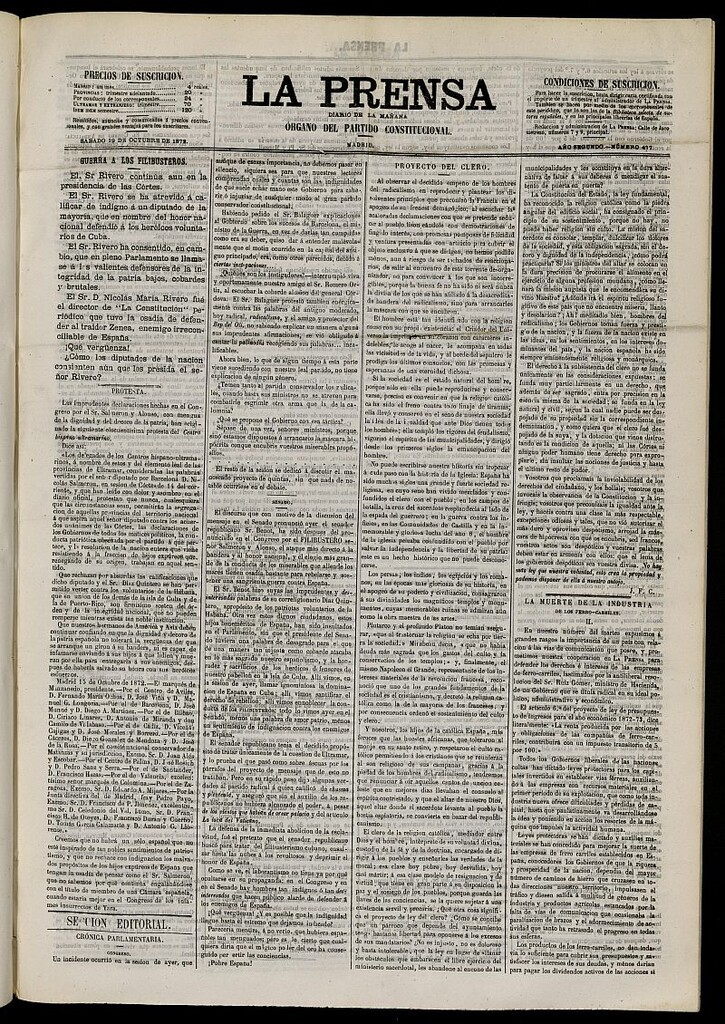 Miniatura de La Prensa : diario de la mañana : político, literario y de noticias del 19 de octubre de 1872, nº 477