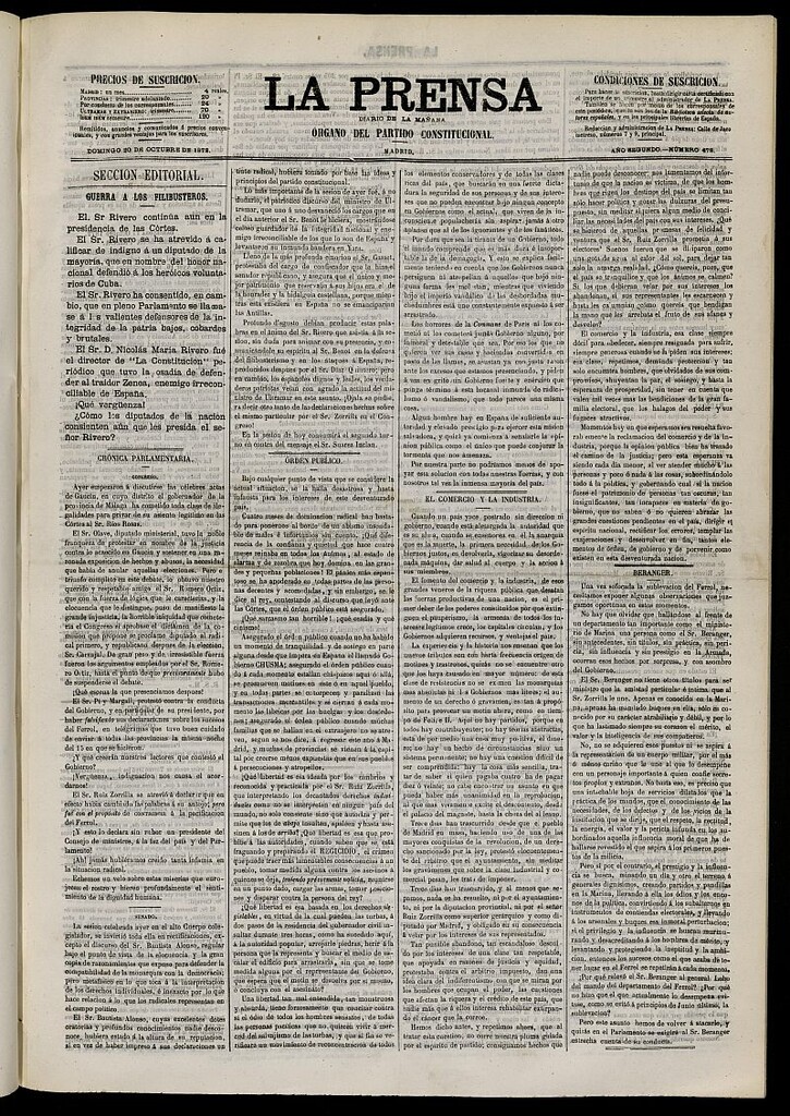 Miniatura de La Prensa : diario de la mañana : político, literario y de noticias del 20 de octubre de 1872, nº 478