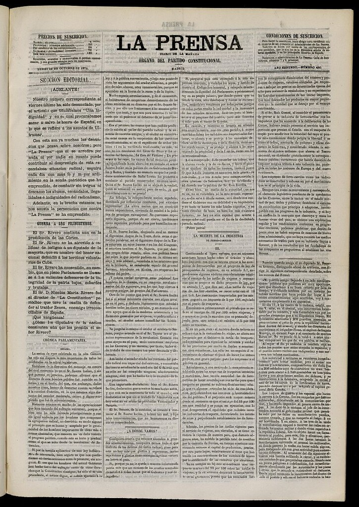 Miniatura de La Prensa : diario de la mañana : político, literario y de noticias del 22 de octubre de 1872, nº 480