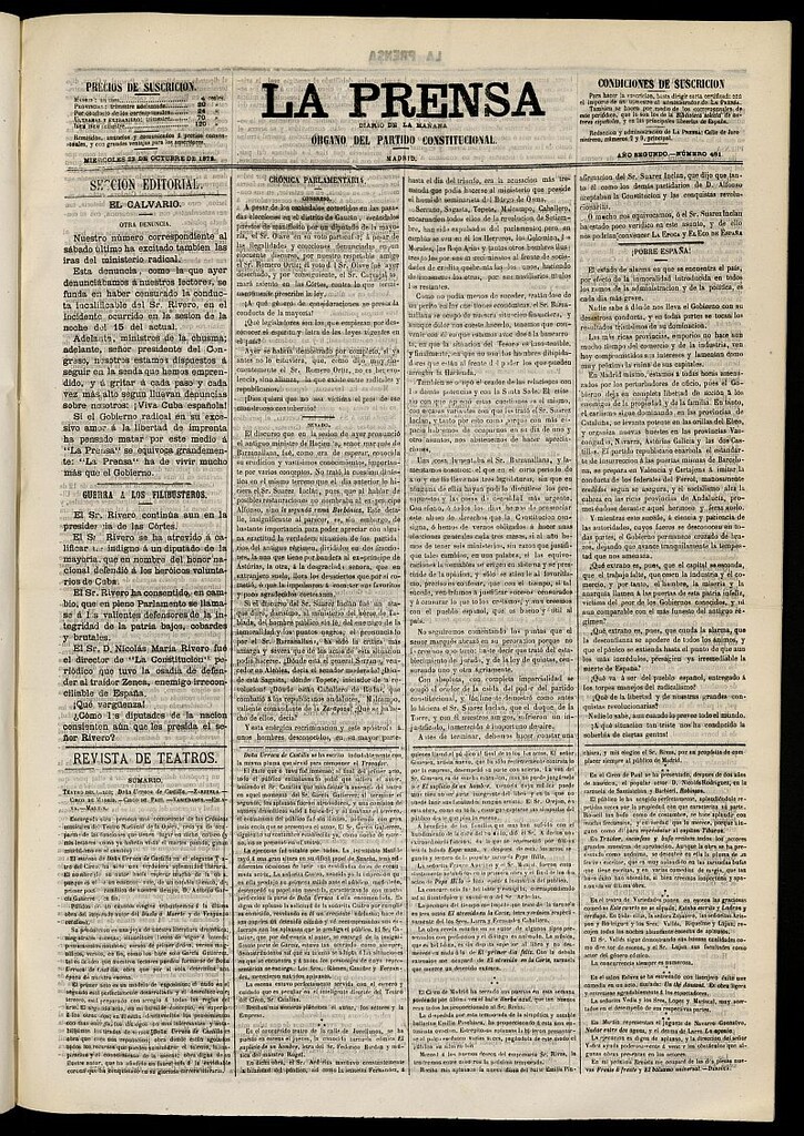 Miniatura de La Prensa : diario de la mañana : político, literario y de noticias del 23 de octubre de 1872, nº 481