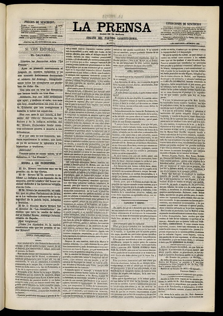 Miniatura de La Prensa : diario de la mañana : político, literario y de noticias del 24 de octubre de 1872, nº 482