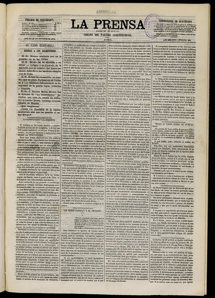 Miniatura de La Prensa : diario de la mañana : político, literario y de noticias del 26 de octubre de 1872, nº 484