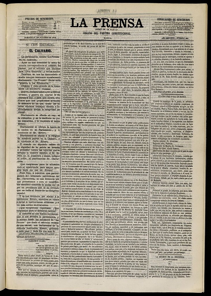 Miniatura de La Prensa : diario de la mañana : político, literario y de noticias del 27 de octubre de 1872, nº 485