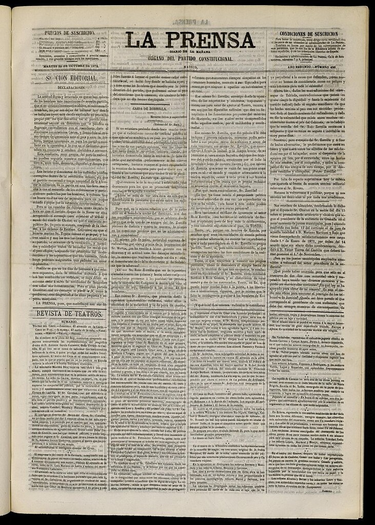 Miniatura de La Prensa : diario de la mañana : político, literario y de noticias del 29 de octubre de 1872, nº 486