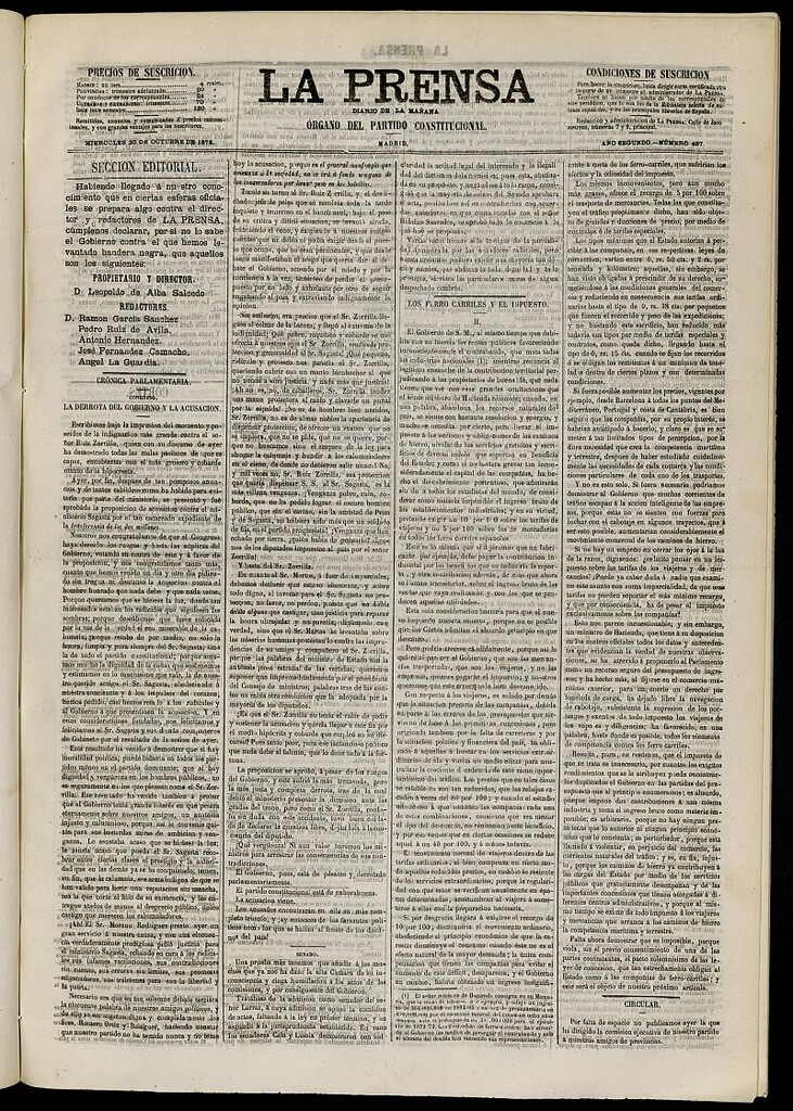 Miniatura de La Prensa : diario de la mañana : político, literario y de noticias del 30 de octubre de 1872, nº 487