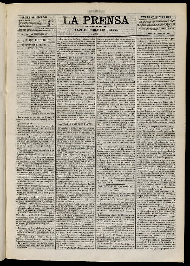 Miniatura de La Prensa : diario de la mañana : político, literario y de noticias del 31 de octubre de 1872, nº 488