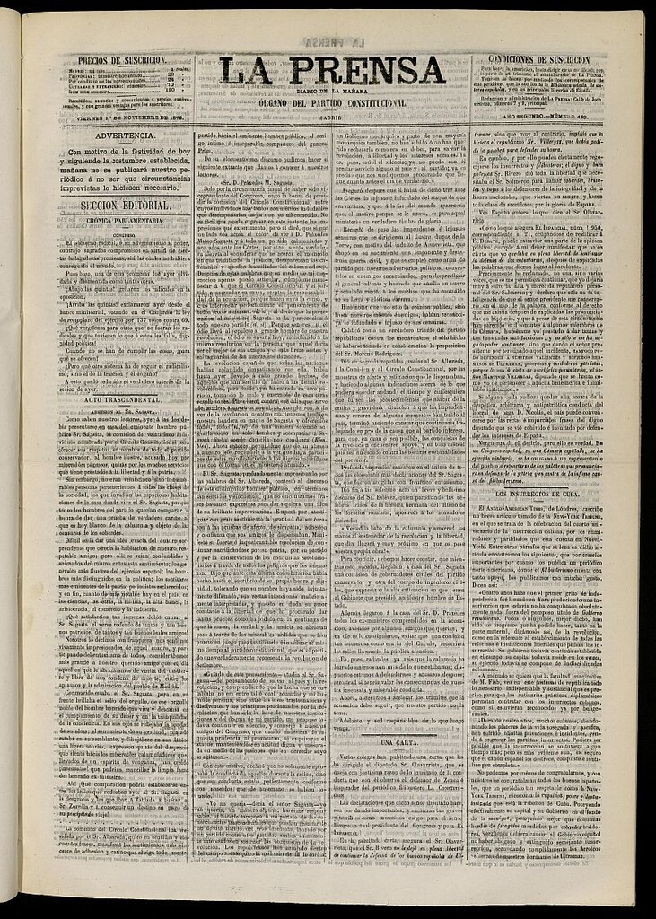 Miniatura de La Prensa : diario de la mañana : político, literario y de noticias del 1 de noviembre de 1872, nº 489