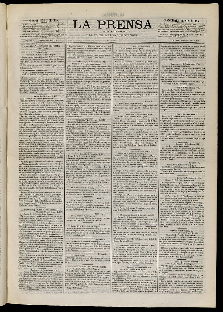 Miniatura de La Prensa : diario de la mañana : político, literario y de noticias del 7 de noviembre de 1872, nº 493