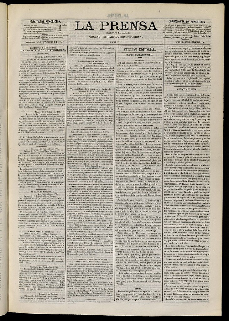Miniatura de La Prensa : diario de la mañana : político, literario y de noticias del 10 de noviembre de 1872, nº 196