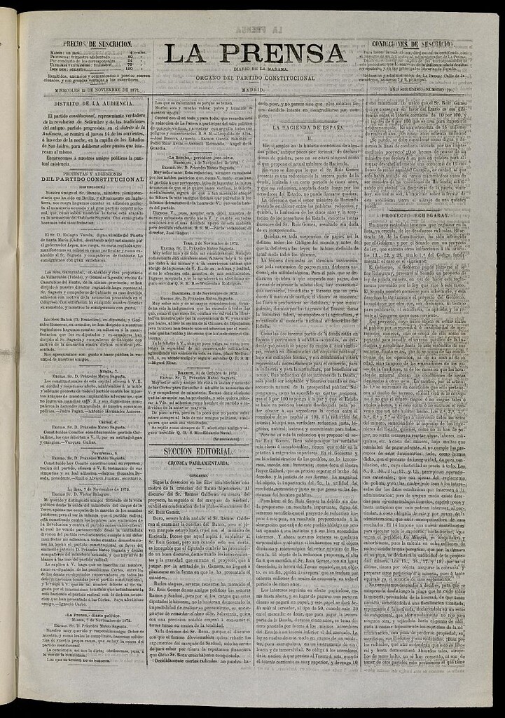 Miniatura de La Prensa : diario de la mañana : político, literario y de noticias del 13 de noviembre de 1872, nº 198