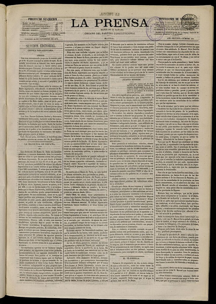 Miniatura de La Prensa : diario de la mañana : político, literario y de noticias del 15 de noviembre de 1872, nº 500
