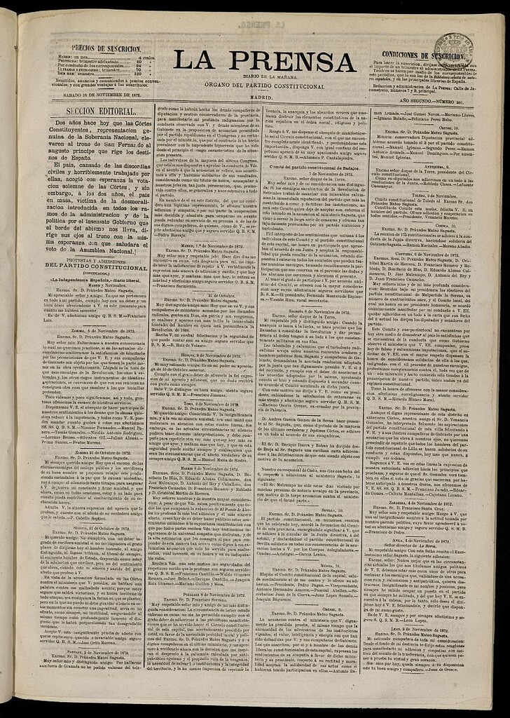 Miniatura de La Prensa : diario de la mañana : político, literario y de noticias del 16 de noviembre de 1872, nº 501