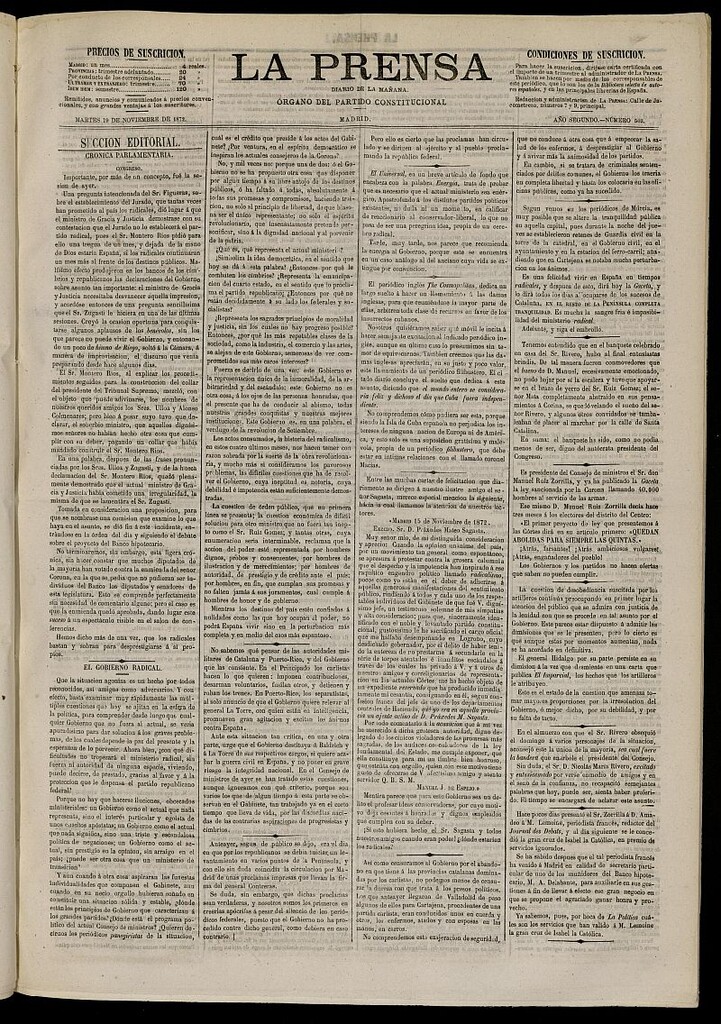 Miniatura de La Prensa : diario de la mañana : político, literario y de noticias del 19 de noviembre de 1872, nº 503