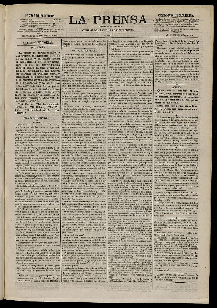 Miniatura de La Prensa : diario de la mañana : político, literario y de noticias del 20 de noviembre de 1872, nº 504