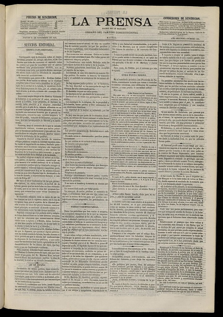 Miniatura de La Prensa : diario de la mañana : político, literario y de noticias del 21 de noviembre de 1872, nº 505