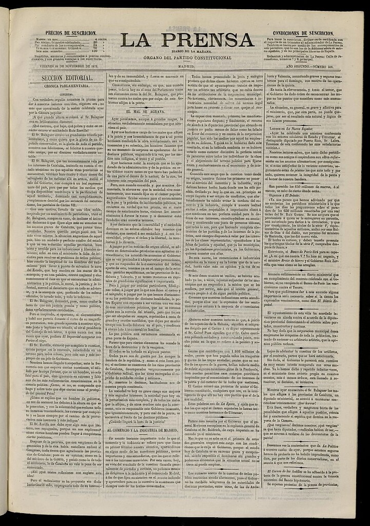 Miniatura de La Prensa : diario de la mañana : político, literario y de noticias del 22 de noviembre de 1872, nº 506