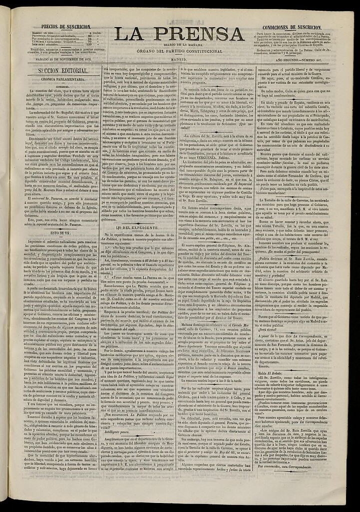 Miniatura de La Prensa : diario de la mañana : político, literario y de noticias del 23 de noviembre de 1872, nº 507