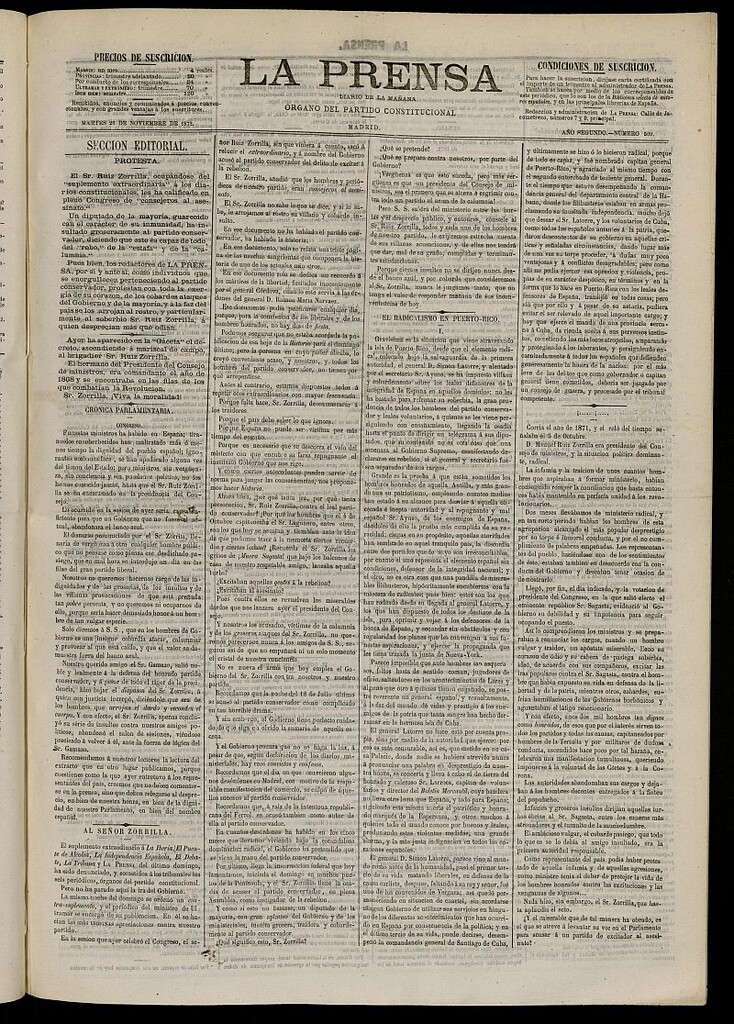 Miniatura de La Prensa : diario de la mañana : político, literario y de noticias del 26 de noviembre de 1872, nº 509