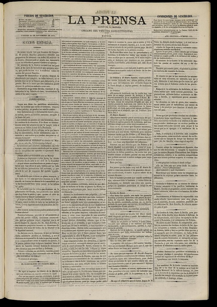 Miniatura de La Prensa : diario de la mañana : político, literario y de noticias del 29 de noviembre de 1872, nº 512
