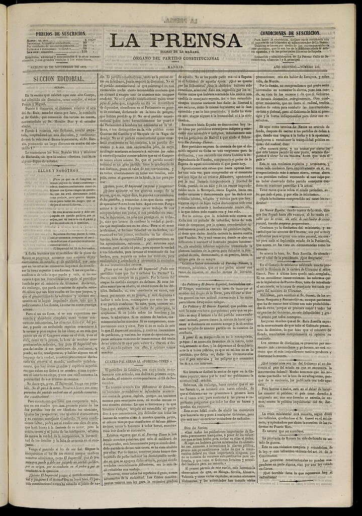 Miniatura de La Prensa : diario de la mañana : político, literario y de noticias del 30 de noviembre de 1872, nº 513