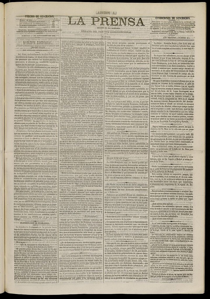 Miniatura de La Prensa : diario de la mañana : político, literario y de noticias del 1 de noviembre de 1872, nº 514 [sic]