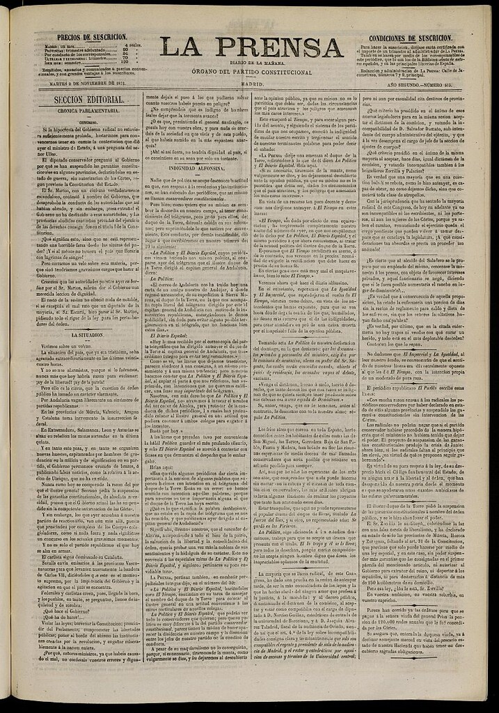 Miniatura de La Prensa : diario de la mañana : político, literario y de noticias del 2 de noviembre de 1872, nº 515 [sic]