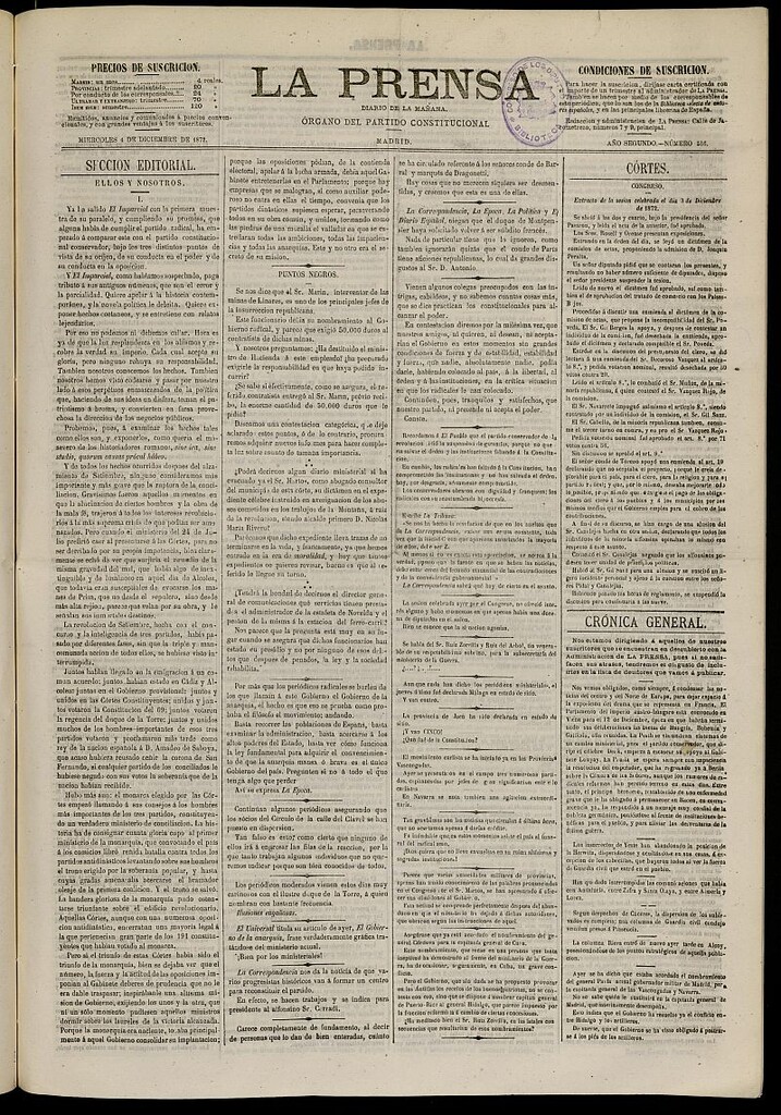 Miniatura de La Prensa : diario de la mañana : político, literario y de noticias del 4 de diciembre de 1872, nº 516