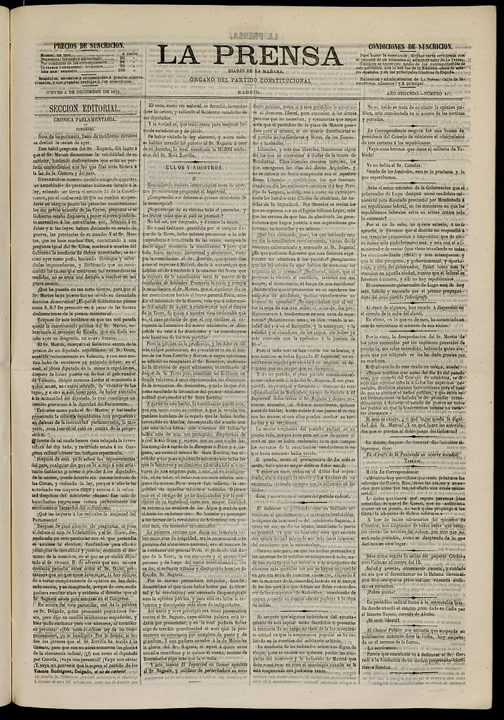 Miniatura de La Prensa : diario de la mañana : político, literario y de noticias del 5 de diciembre de 1872, nº 517