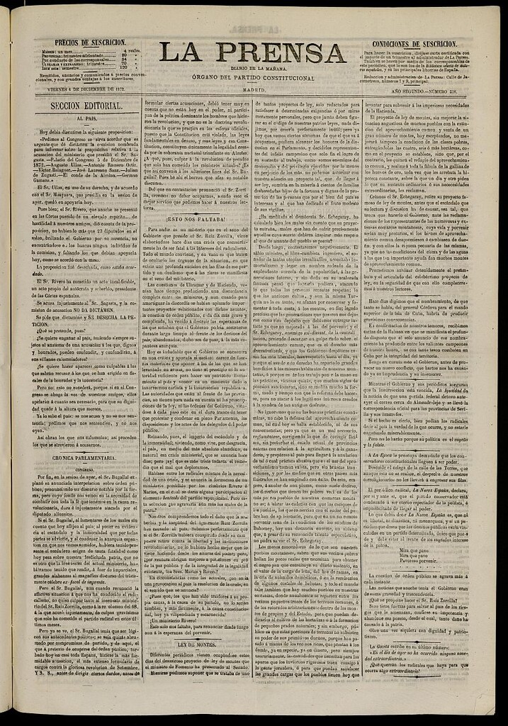 Miniatura de La Prensa : diario de la mañana : político, literario y de noticias del 6 de diciembre de 1872, nº 518