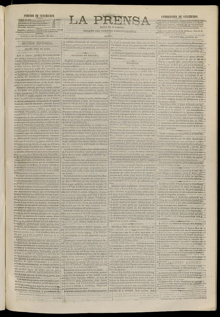Miniatura de La Prensa : diario de la mañana : político, literario y de noticias del 12 de diciembre de 1871, nº 522