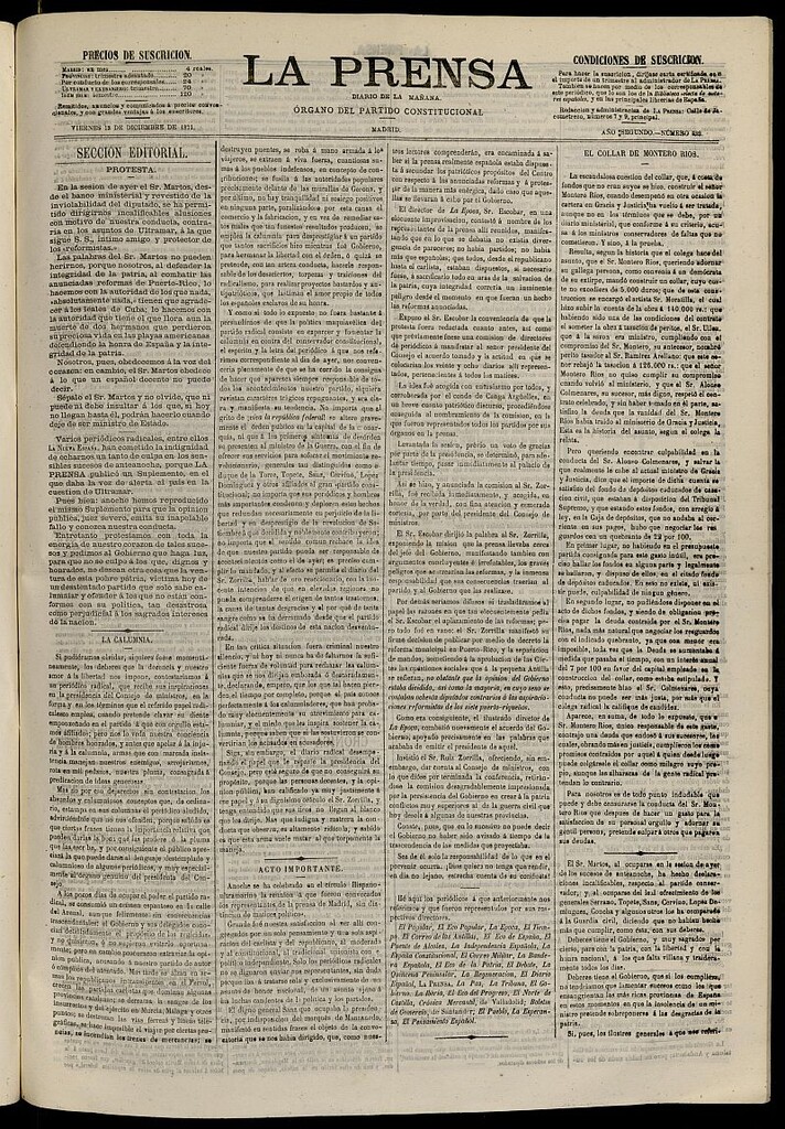 Miniatura de La Prensa : diario de la mañana : político, literario y de noticias del 13 de diciembre de 1871, nº 523