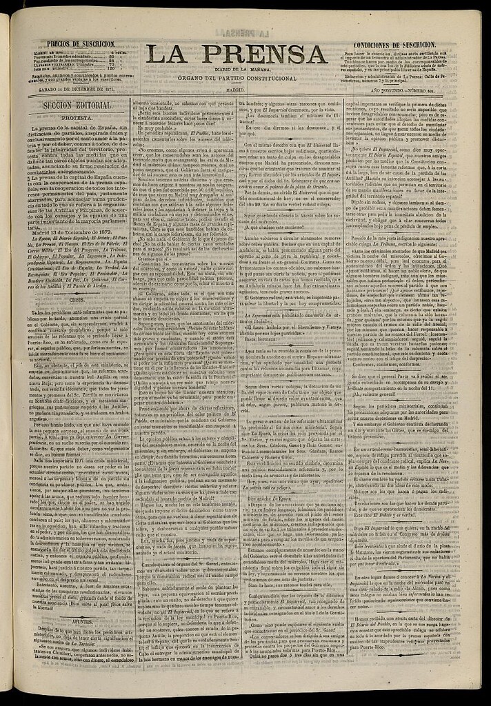 Miniatura de La Prensa : diario de la mañana : político, literario y de noticias del 14 de diciembre de 1871, nº 524