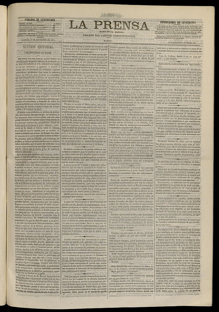 Miniatura de La Prensa : diario de la mañana : político, literario y de noticias del 17 de diciembre de 1871, nº 526