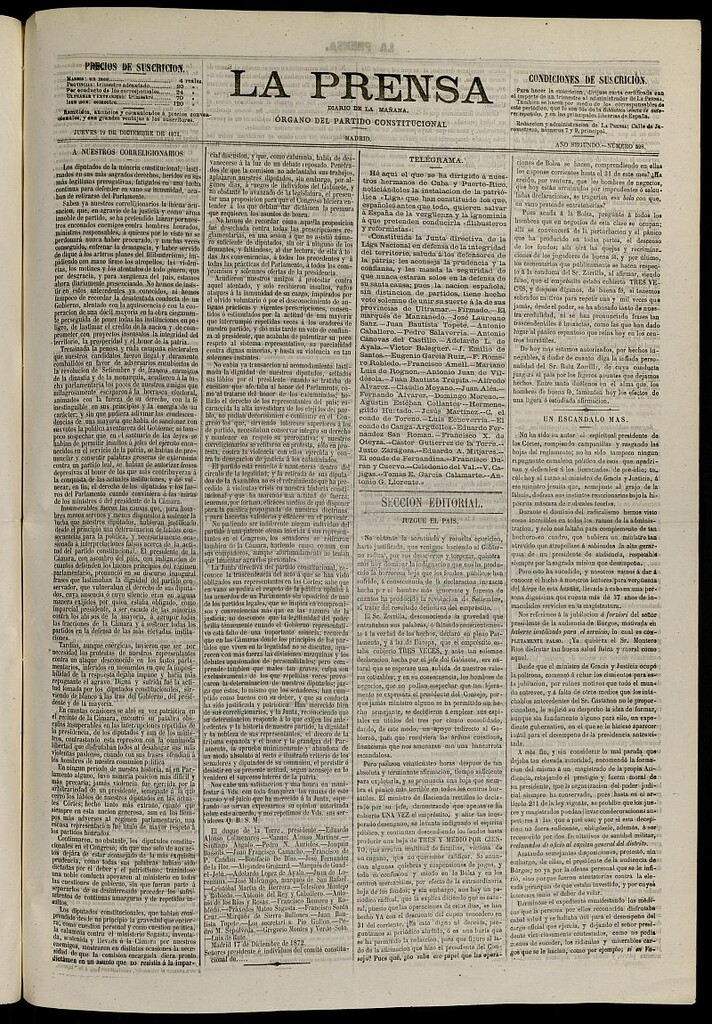 Miniatura de La Prensa : diario de la mañana : político, literario y de noticias del 19 de diciembre de 1871, nº 528