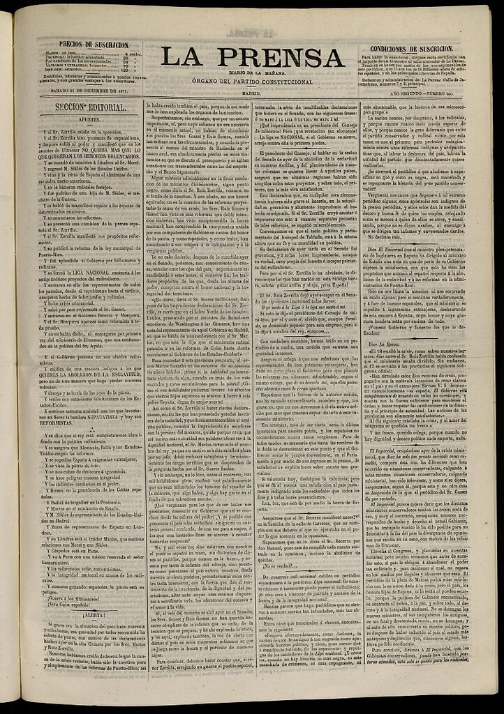 Miniatura de La Prensa : diario de la mañana : político, literario y de noticias del 21 de diciembre de 1871, nº 530