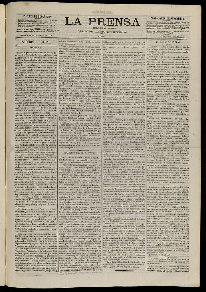 Miniatura de La Prensa : diario de la mañana : político, literario y de noticias del 22 de diciembre de 1871, nº 531