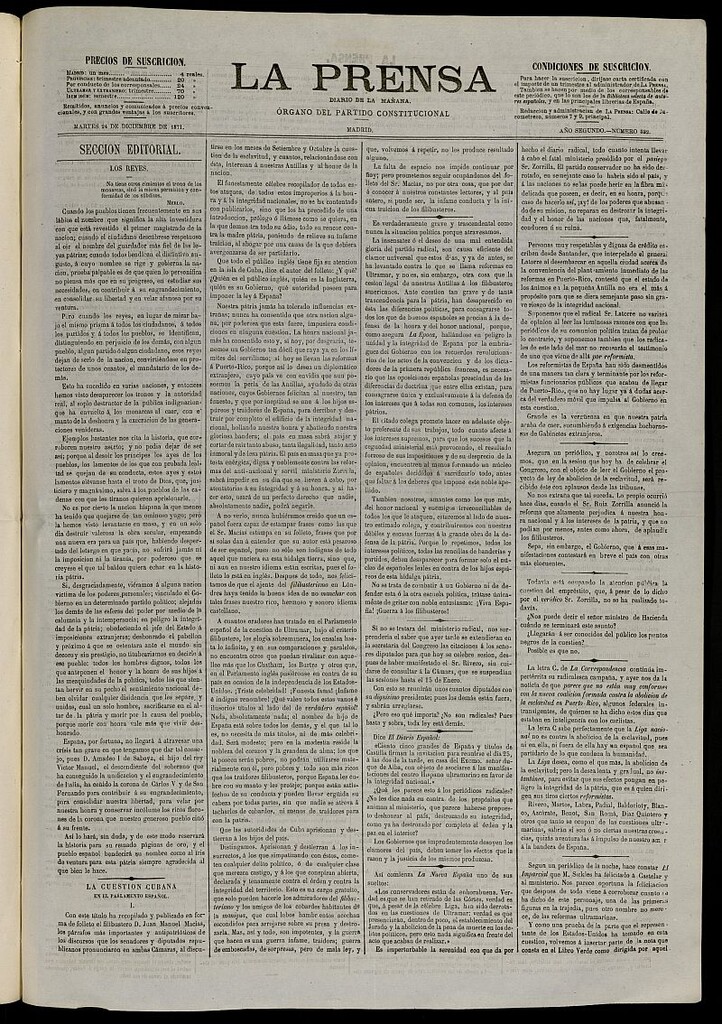 Miniatura de La Prensa : diario de la mañana : político, literario y de noticias del 24 de diciembre de 1871, nº 532