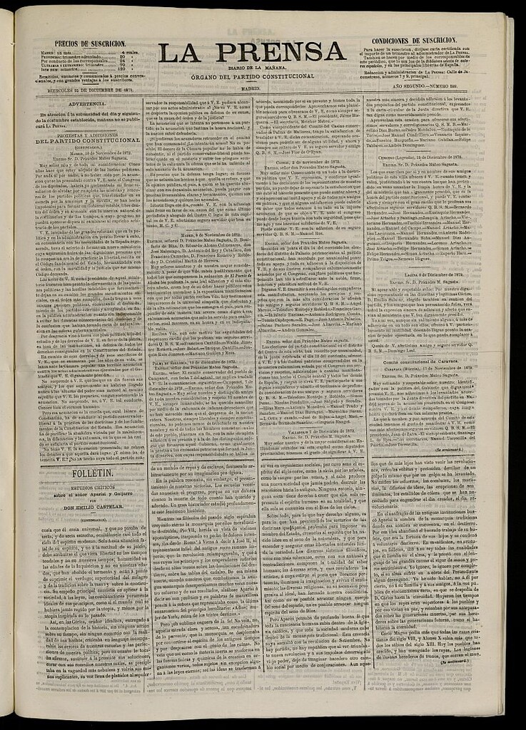 Miniatura de La Prensa : diario de la mañana : político, literario y de noticias del 25 de diciembre de 1871, nº 533