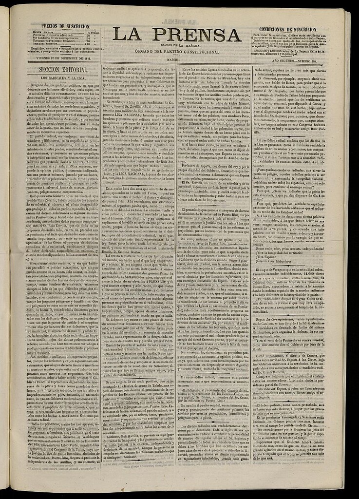 Miniatura de La Prensa : diario de la mañana : político, literario y de noticias del 27 de diciembre de 1871, nº 534