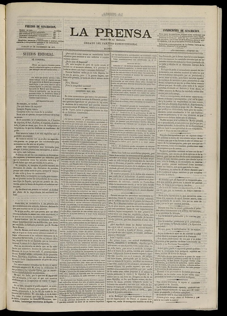 Miniatura de La Prensa : diario de la mañana : político, literario y de noticias del 28 de diciembre de 1871, nº 535