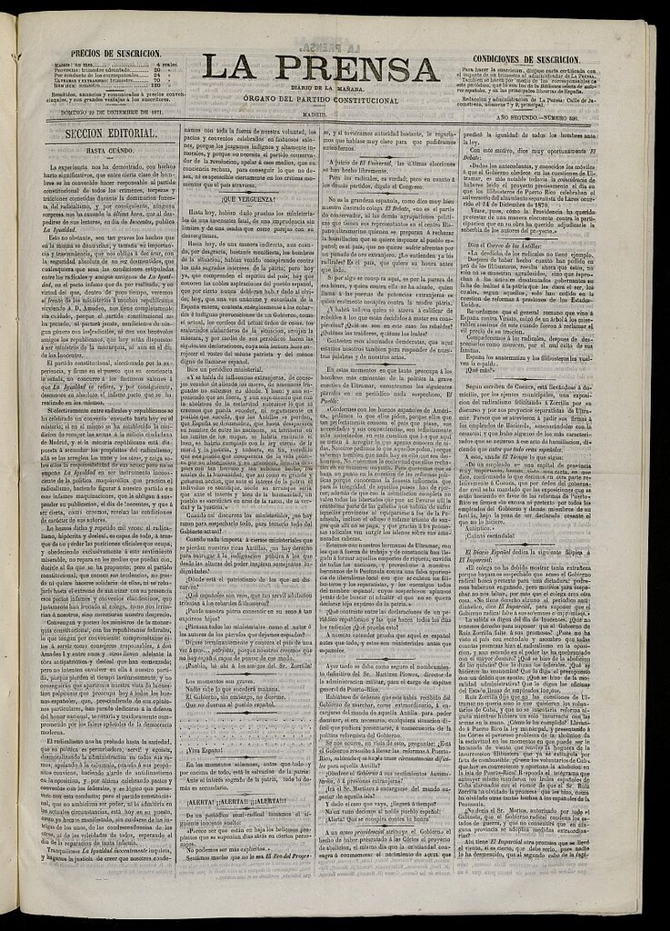Miniatura de La Prensa : diario de la mañana : político, literario y de noticias del 29 de diciembre de 1871, nº 536