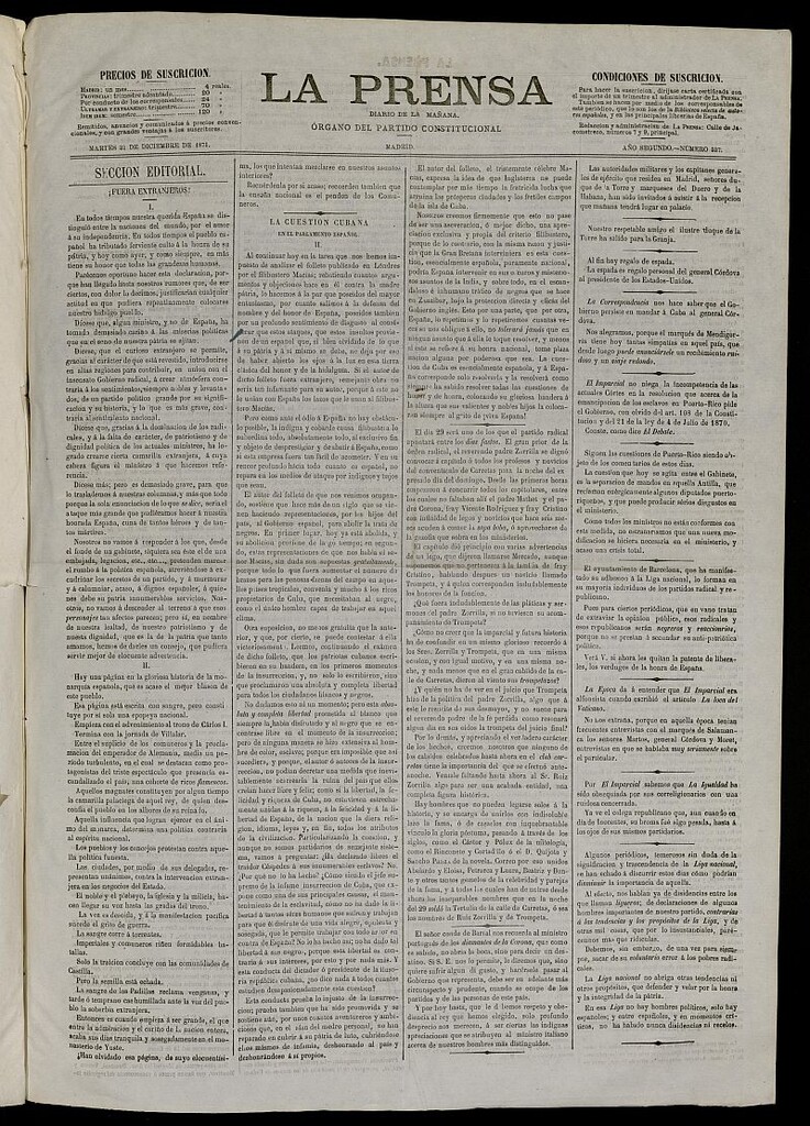 Miniatura de La Prensa : diario de la mañana : político, literario y de noticias del 31 de diciembre de 1871, nº 537