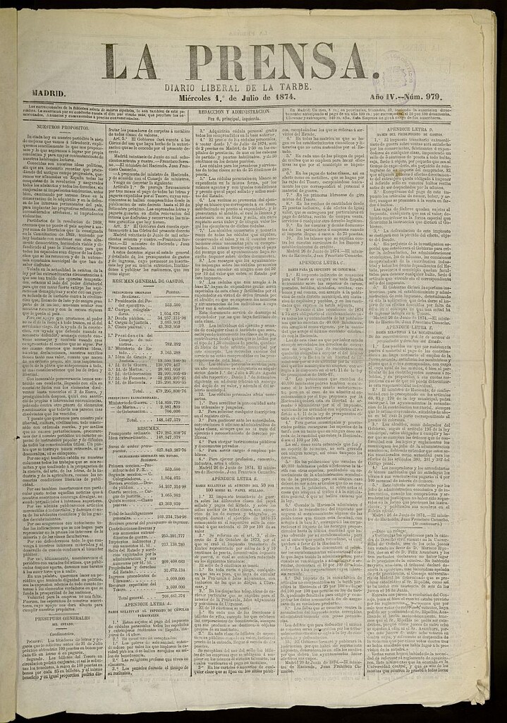 Miniatura de La Prensa : diario de la mañana : político, literario y de noticias del 1 de julio de 1874, nº 979
