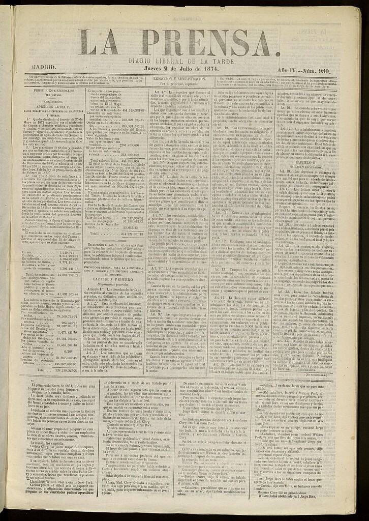 Miniatura de La Prensa : diario de la mañana : político, literario y de noticias del 2 de julio de 1874, nº 980