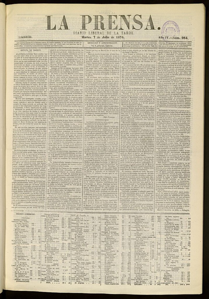 Miniatura de La Prensa : diario de la mañana : político, literario y de noticias del 7 de julio de 1874, nº 984
