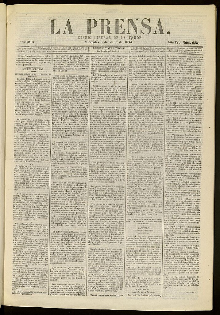 Miniatura de La Prensa : diario de la mañana : político, literario y de noticias del 8 de julio de 1874, nº 985