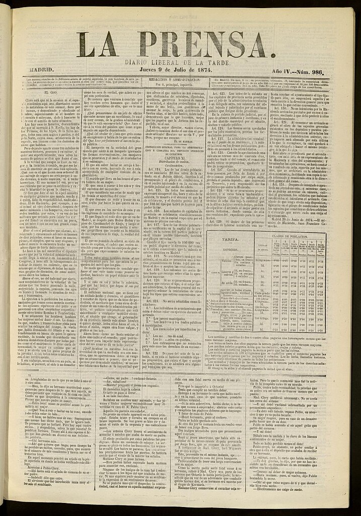 Miniatura de La Prensa : diario de la mañana : político, literario y de noticias del 9 de julio de 1874, nº 986